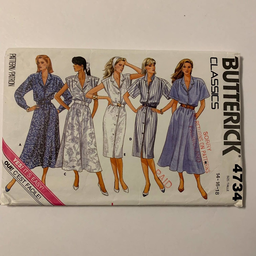 Butterick‎ Vintage 1980's Pattern #4734 Women's Dresses Sizes 14, 16 and 18